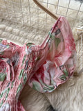 Women Floral Chiffon Two Piece Set Sexy Square Collar Short Puff Sleeve Tops + Ruffle Pleated Midi Skirt Beach 2Pcs