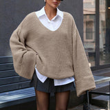 And Winter Loose Street Open Fork V-Neck Sweater Women's Horn Sleeve Coarse Knitted Languid Retro Tide