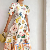 Women's 2025 Ama's New Elegant Fruit Prints Waist-Round Collar Dress Dress