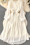 Vintage Women Dress Elegant Orange/Red/Yellow V-Neck Lantern Sleeve High Waist Slim A-Line Vestidos Female New