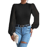 Round Collar Hollow Coated Women Autumn Fashion Pineapple Lace Splicing Sleeve Jersey