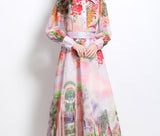 Senior Sense Printing Set Of Lantern Cuffed Shirt High Waist Swing Skirt Two