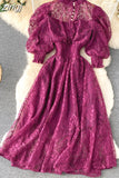 Women Lace Dress Spring Autumn Stand Collar Puff Sleeve High Waist Party Robe Female Elegant Green/Purple Midi