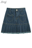 Waist Y2k Pleated Denim Skirt Women Casual Love Graphic Pocket Blue Washed Mini Skirt Summer 2023 Streetwear E-girl
