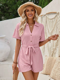 / Summer 2025 New Style Short Sleeve Tie Lapel Jacquard Knit Pure Color Short Jumpsuit