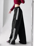 Streetwear Striped Cargo Pants Women High Waist Pockets Americam Casual Trousers Harajuku Loose Chic Patchwork