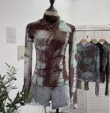 Shooting Denim Pattern Dye Printing Retro Babes Thin Mesh T-Shirt High-Necked Long Sleeve Bottom Shirt Top