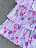 Women Floral Ruffle Pleated Long Dress Vintage V-Neck Short Sleeve High Waist Tierred Maxi Robe Vacation Beach