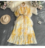 Style Retro Temperament Short-Sleeved Clapping Single-Dran A-Word Print 100-Fold Shirt Dress