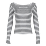 Cloth Forgets The Oblique Shoulder Stripes Thin Slim Long-Sleeved T-Shirt Sexy Bare Shoulders Simple Thin Casual