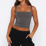 Women Wide Strap Camis Solid Sleeveless Square Neck Sling Tank Tops Summer Exposed Navel Vests Crop Tops