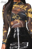 Women Mesh Sheer See Through Print Shirt Blouses Outwear Turtleneck Long Sleeve Tops Transparent Slim Shirt Bodycon Club
