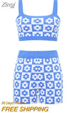 Women Knitted 2 Piece Summer Shorts Set Sleeveless Vintage Printed Crop Tank Top Elastic High Waist Shorts