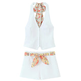 Women's Explosive Print Thin Scarf Ornament Hanging Neck Top High Waist Shorts