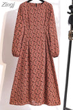 Winter Women Dress 2023 Vintage Lantern Sleeve Floral Print Chiffon Long Dress Casual A-line Elegant Party Vestidos