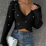 New Women's Sweater With Nail Beads Shoulder-Repair Long-Sleeved Knitted Shirt