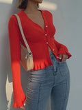 Women's Elegant V-Neck Lotus Leaf Side Details Knitted Cardigan Sweater With