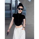 Striped Zipper Short-Sleeved T-Shirt For Girls Summer Design With Slimy Hottie Short-Term Umbilly
