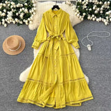 High-End Retro Collar Single Buckle Lantern Sleeve Dress Women's Hollow Lace To Receive Long Waist