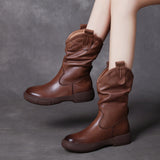 Boots Pile Boots Top Layer Of Kraft Mid-Sleet Boots Women Flat Bottom Soft Skin Autumn Winter Leather Martin Boots Horse Rider