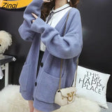 Women Autumn Solid Thicker Warm V-neck Pockets Loose Womens Sweater Ins Simple All-match Knit Tops 4-colors Korean