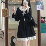 Gothic Lolita Black Dress Women Sweet Bow Square Collar Long Sleeve Midi Dress Female Korean Preppy Style Party
