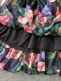 Vintage Black Floral Printed Chiffon Long Dress Elegant V-Neck Short Sleeve High Waist A-Line Maxi Vestidos Female