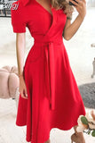 Women Summer Long Dress Short Sleeve V Neck Solid Vintage Elegant Chic Shirt Dress With Belt Office Ladies Party