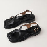 Leather Fashion Jacket Sandals Women 2025 Summer New Flat Heel Shoes Buckle Roman Shoes Sand Stall