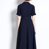 Fine-Cooked High-End Collar Short-Sleeved Long Dress Temperament Strap Solid Color To Close The Waist Sister Thin Women's