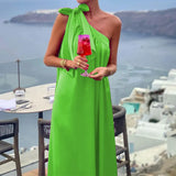 Spot 2025 Women's Fashion Satin Sleeveless Diagonal Collar Medium Long Holiday