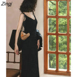 Backless Knitted Strap Dresses Women Korean V-neck Party Long Split Dress Female Casual One Piece Dress Office Lady