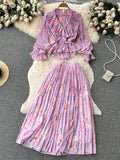 Autumn Women Draped Floral Two Piece Set Vintage Flower Printed Ruffle Blouse + High Waist Pleated Skirt 2Pcs Suits