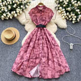 2025 New Clip Short Sleeves Lightly Knee Vintage Printed Dress Elegant Waist Grand