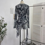 Print Double-Layer Mesh Long-Sleeved Top Design Feel Irregular Ribbon-Up T-Shirt
