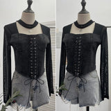 Hollow Hanging Neck Cowboy Splicing Mesh Strap With Irregular Long-Sleeved T-Shirt Short Top