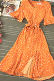 Women Blue/Green/Pink Polka Dot Dress 2023 Vintage High Waist A-line Ladies Vestidos Verano Casual V-neck Dresses