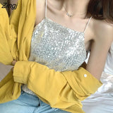 Women New Chic Silvery Sequined Sexy V-Neck Off Shoulder Femme Crop Top Vintage Korean Loose Street Party Womens
