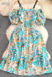 Vintage Slash Neck Off Shoulder Printed Dress Elegant Puff Short Sleeve High Waist A-Line Spaghetti Strap Vestidos