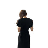 Chic Temperament Light Style V Collar Slimmed Body Pressure In The Waist Of The Long Over-Knee Short-Sleeved Dress