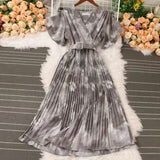 French Crumlom Dyed Summer New Waist Display Thin And Long Elegant Folded Chiffon Dress Holiday