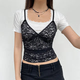 Hot Girl Style Perspective Lace Thin Tie Splicing V-Collar Slim Solid Color Sling Vest