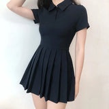 Short Sleeved Navy Dress 2023 New Summer Pleated Short Dresses Slim High Waist Fashion Folds Casual Dress for
