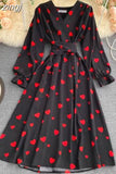 Women Red/Yellow/Green Printed Midi Dress Vintage V-Neck Flare Long Sleeve High Waist A-Line Vacation Bandage Vestido