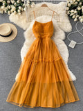 Women Sexy Mesh Spaghetti Strap Long Dress Summer Orange/Purple/Blue/Pink Ruffle A-Line Beach Robe Female Elegant Party