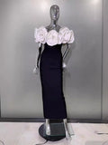 New Independent Design Shoulder Three-Dimensional Flowers Decorated With Elegant Sexy Black Banding Evening