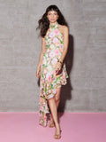 New Sexy Shoulder Hanging Neck Print Dress In The Long Dress Irregular Lotus Leaf Side Temperament Dress