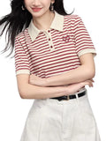 Striped Embroidery POLO Shirt 2025 Summer New Bing Color Reduction Women's Short-Sleeved