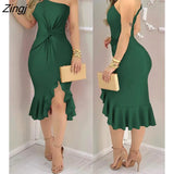 Women Spring Autumn Plain One Shoulder Ruffle Hem Twist Slit Dress Party Solid