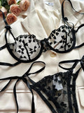 Heart-Shaped Embroidery Mesh Tie Up Lingerie Set-Outfit